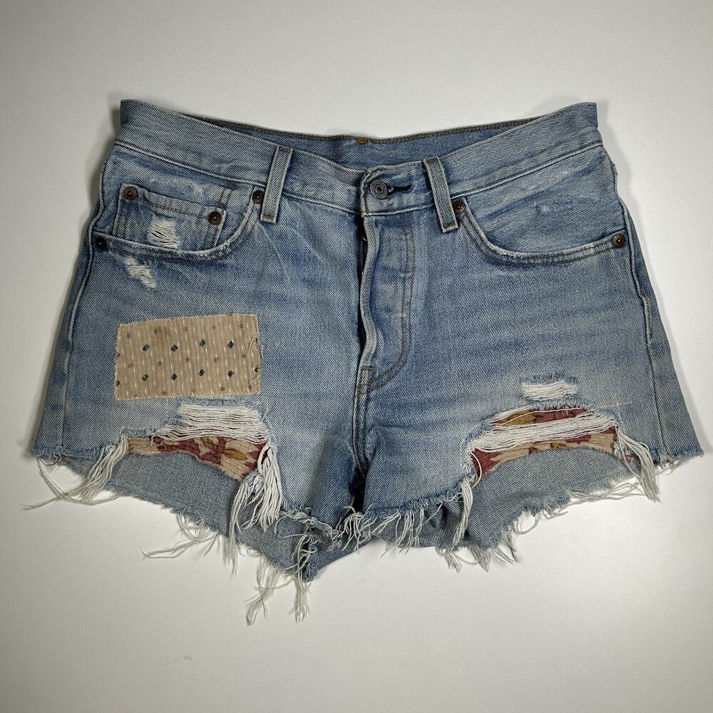 Levis 501 Jean Shorts Women’s 27 Distressed Raw Hem Button Fly Patchwork
